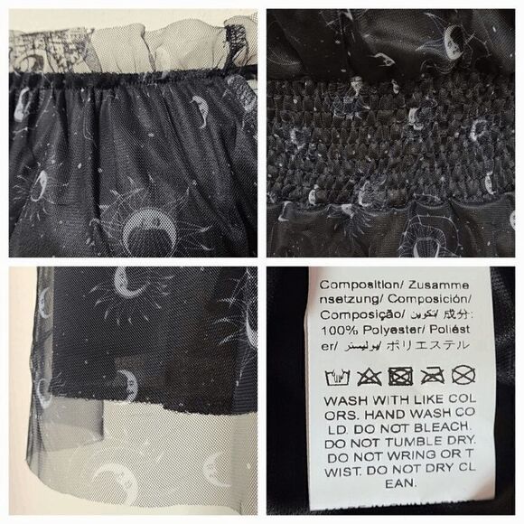 Off Shoulder Goth Witch Moon Print Contrast Mesh Flared Shirred Dress L NWT - Picture 9 of 16